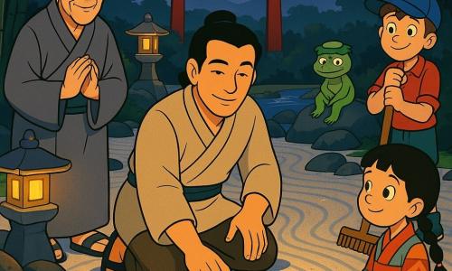 Haru, homme calme dans la trentaine, cheveux en chignon, kimono beige et ceinture verte, pose une pierre noire lisse au centre d’un jardin sec ratissé en vagues ; à sa gauche le vieux maître Jinen en robe grise regarde avec bienveillance, au premier plan droite une fillette en kimono tient un petit râteau et admire, un garçon casquette appuyé sur un balai observe en retrait, un kappa vert est assis sur une pierre près du ruisseau en arrière-plan ; crépuscule, torii rouge, lanternes en pierre et bambous, montagnes bleutées, composition centrée sur la pierre et le geste précis de Haru, atmosphère paisible et lumière dorée.