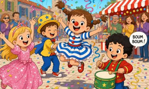 Quatre enfants participent à un carnaval sur une place pavée en plein jour: Léa, 7 ans, cheveux longs blonds en robe rose à paillettes à gauche, danse en levant les bras et sourit; Tom, 6 ans, cheveux bruns courts avec un chapeau jaune étoilé à la droite de Léa, tourne en rigolant; Zoé, 5 ans, cheveux châtains en couettes au centre devant, nez de clown rouge et robe rayée bleue et blanche, saute avec des serpentins autour d'elle; Hugo, 4 ans, cheveux bouclés noirs en avant-plan à droite, joue d'un petit tambour vert en faisant "boum boum". Des guirlandes multicolores, des ballons et des confettis flottent au-dessus, un stand de bonbons rouge et blanc et quelques adultes flous applaudissent, le ciel est bleu avec une atmosphère lumineuse et des ombres douces au sol.