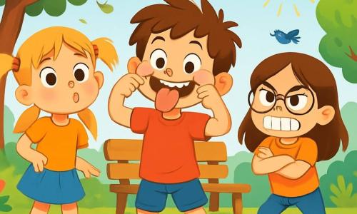 Il y a trois personnages : Simon, un garçon de 6 ans avec des cheveux bruns en bataille et un grand sourire, au centre en train de faire une grimace ; Emma, une fille de 8 ans avec des cheveux longs blonds en couettes, à gauche de Simon, mimant un poisson surpris ; et Zoé, une fille de 10 ans avec des cheveux châtains et des lunettes rondes, à droite de Simon, faisant une grimace de chat fâché. L'image se déroule dans un jardin verdoyant avec des fleurs colorées et des arbres, sous un ciel bleu clair. Les enfants sont en pleine compétition de grimaces, riant et capturant l'énergie de leur jeu, tandis que des oiseaux chantent dans les arbres.