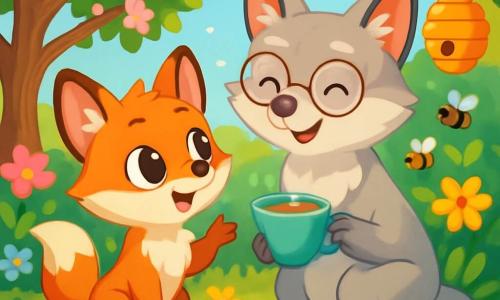 Un petit renard aux fourrures orange vif, avec de grands yeux brillants et des oreilles pointues, se tient au centre de l'image, affichant une expression de curiosité. Il pose une question à sa tante, une renarde au pelage argenté et aux lunettes rondes, qui sourit en tenant une tasse de thé. Le jardin est rempli de fleurs colorées, avec un pommier en fleurs et une ruche à côté. La lumière du soleil filtre à travers les feuilles, créant des ombres sur le sol. Milo, le petit renard, regarde sa tante avec des yeux pétillants, tandis que tante Lune lui explique les merveilles du monde. La scène dégage une atmosphère joyeuse et apaisante, remplie de couleurs vives.