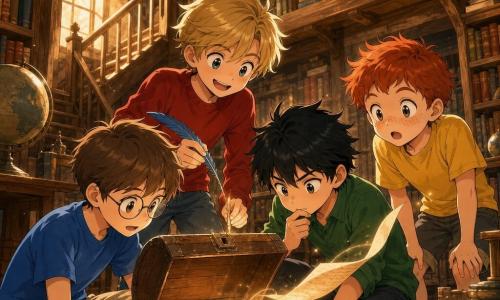 Quatre garçons d'environ 8 ans entourent un petit coffre ancien posé au sol dans une vieille bibliothèque en bois clair : Léo, châtain aux cheveux courts et lunettes rondes, tient doucement le coffre et regarde l'intérieur, Sami, cheveux noirs en bataille et chemise verte, est accroupi à droite, la main sur la lèvre, concentré vers la fente, Hugo, blond avec un pull rouge, se tient derrière le coffre en souriant et brandit une plume bleue au‑dessus de la fente, Noé, roux et taches de rousseur en t‑shirt jaune, est à l'arrière droit, mains sur les genoux et yeux émerveillés vers le courant d'air qui soulève la plume et une feuille; la bibliothèque a des étagères hautes remplies de livres, une petite mezzanine avec escalier en bois, globes sur une table et une armoire basse à poignée coquillage, la lumière dorée filtre par une fenêtre poussiéreuse, atmosphère chaleureuse et poussière lumineuse, style manga aux grands yeux expressifs, contours nets et textures bois/papier visibles.