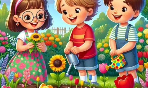Dans un jardin fleuri, trois enfants s'amusent. Lila, 7 ans, avec des cheveux bruns et des lunettes rondes, est accroupie près de tulipes colorées, tenant des graines de tournesol. Tom, 8 ans, aux cheveux blonds et aux taches de rousseur, est à côté d'elle avec une petite pelle en plastique. Max, 6 ans, avec des cheveux châtains et un grand sourire, tient un arrosoir coloré. Le jardin est rempli de tulipes rouges, jaunes et violettes, sous un ciel bleu avec quelques nuages. Les enfants plantent des graines en riant et s'encourageant, tandis que les fleurs dansent sous la brise printanière.