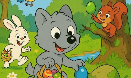 Petit Loup, un louveteau gris clair au sourire joyeux, accroupi en train de cacher un œuf bleu derrière une grosse pierre moussue ; à gauche Petit Lapin, lapin blanc bondissant avec un panier jaunâtre à moitié plein ; à droite, un écureuil roux accroché à une branche d’un vieux chêne pointant vers un œuf vert ; une mésange bleue et jaune vole au‑dessus, chantant ; clairière ensoleillée aux herbes fleuries, ruisseau scintillant et vieux chêne couvert de mousse ; scène joyeuse de chasse aux œufs de Pâques, couleurs vives, style dessin animé années 90.