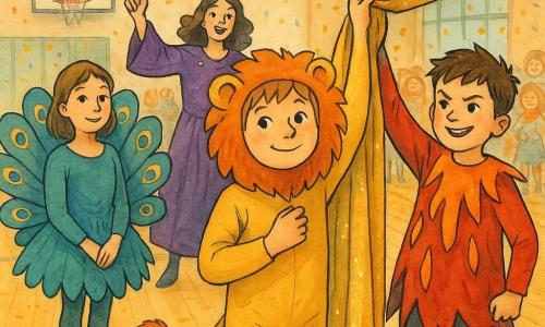 Au premier plan, Léo, 10 ans, en costume de lion jaune à crinière rousse tient le rideau doré d'une main et lève l'autre, sourire timide; à sa droite Malo, 10 ans, déguisé en volcan rouge, aide à soutenir le rideau, déterminé; légèrement derrière et à gauche, une fille de 9–10 ans en paon avec traîne bleu-vert sourit; la maîtresse magicienne en robe violette et baguette se tient près de l'appareil, main levée; le gymnase à parquet est décoré de guirlandes, lampions et confettis; le rideau doré est partiellement décroché retenu par Léo et Malo et des enfants costumés forment une foule joyeuse en arrière-plan prête pour la photo de carnaval.