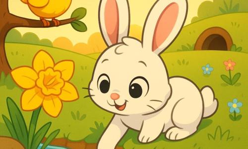 Petit Lapin, un lapin blanc aux oreilles roses et aux grands yeux brillants, trempe sa patte dans un ruisseau peu profond ; un petit oiseau jaune perché sur une branche chante, deux poissons orange jouent dans l'eau, une jonquille jaune fleurit à côté, le tout dans un pré printanier lumineux aux herbes et fleurs dispersées, soleil bas à l'horizon, ambiance chaleureuse, couleurs saturées et contours nets, composition centrée sur la rencontre au bord de l'eau.