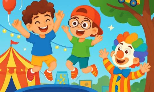 Il y a trois personnages : Léo, un garçon de 8 ans aux cheveux bruns et bouclés, en t-shirt bleu et short jaune, qui saute sur un trampoline avec un grand sourire ; Max, également âgé de 8 ans, portant une casquette rouge à l'envers et des lunettes, en t-shirt vert et pantalon court, qui saute joyeusement à côté de Léo ; et Zigzag, un clown joyeux avec un nez rouge et des cheveux multicolores, en costume rayé, qui encourage les garçons depuis le sol. L'action se déroule derrière la grande tente du Cirque des Merveilles, décorée de couleurs vives, de ballons et de lumières scintillantes, où Léo et Max tentent d'attraper une petite voiture de clown coincée dans un arbre, tandis que Zigzag les encourage, créant une ambiance dynamique et joyeuse.