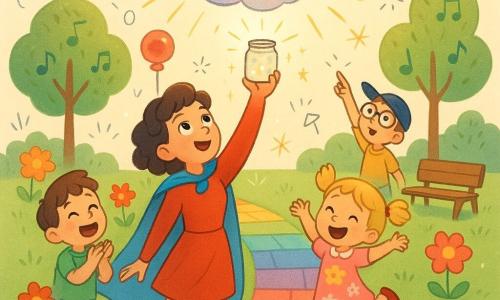 Lumi, super-héroïne souriante aux yeux pétillants, cape bleu ciel et bottes rouges, tend un petit bocal scintillant vers le ciel pour aider un nuage vivant pastel, doux et timide, qui s’élève en le recevant tandis que des enfants — un garçon de 6 ans en t-shirt vert applaudissant, une fillette de 5 ans en robe à fleurs qui saute, et un garçon de 8 ans à peau foncée avec lunettes et casquette bleue — regardent émerveillés dans le parc des Arc-en-ciel, pelouse verte, allée en pavés multicolores, fleurs géométriques, arbres en forme de notes et lampadaires en sucette, sous des rayons de soleil et des paillettes.