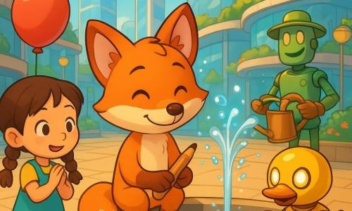 Un renard roux anthropomorphe, enfantin et souriant, assis sur une marche chaude, tient un crayon en bois brillant en regardant la fontaine ; à sa droite, un petit robot canard jaune en métal poli aux yeux ronds lumineux tapote la pierre pour faire sortir le crayon, jovial ; à gauche, une fillette aux tresses, tenue colorée et ballon rouge applaudit, émerveillée ; en arrière-plan, un vieux robot jardinier en acier vert, arrosoir en cuivre et gants rouillés, sourit depuis un parterre surélevé ; la scène, matinée, se situe sur une place de ville futuriste aux larges dalles chaudes, fontaine scintillante, gratte-ciel vitrés à jardins suspendus, tramways flottants translucides, lanternes volantes et plantes aux toits ; le renard chuchote un haïku que ses amis écoutent, les gouttes d'eau et reflets lumineux formant de petites étincelles autour d'eux.