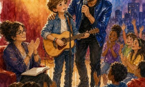 Un garçon de 10 ans, visage rond et taches de rousseur, cheveux châtain clair en bataille, yeux brillants et sourire timide, tient une petite guitare acoustique en bois clair et chante au micro, légèrement penché vers l'avant; à côté de lui, son idole d'environ 35 ans, barbe courte, cheveux noirs coiffés et veste bleu brillante, sourit en posant une main encourageante sur son épaule et tient un grand micro; une juge femme d'environ 40 ans, lunettes rondes et carnet ouvert, est assise au premier rang à gauche et applaudit doucement; autour, un petit groupe d'enfants (8–12 ans) dans le public, silhouettes colorées, mains levées et visages enthousiastes; la scène intérieure a un rideau rouge velouté en arrière-plan, projecteurs jaunes et bleus créant des halos, un plancher en bois brillant et quelques feuilles de partition éparpillées; le garçon chante avec émotion et concentration, l'idole l'accompagne en duo et le public d'enfants applaudit, ambiance joyeuse, intime et colorée.