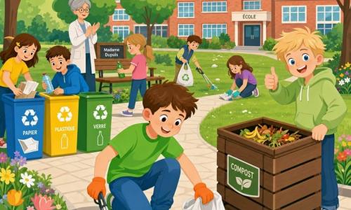 Un garçon de 8 ans, souriant et déterminé, cheveux bruns courts et taches de rousseur, en t‑shirt vert, jean et gants orange, accroupi pour ramasser une bouteille en plastique avec une pince et tenant un sac de recyclage blanc marqué d’un symbole ; un autre garçon de 8 ans (Hugo), joyeux, cheveux blonds en bataille et sweat à capuche vert clair, debout à droite, pouce levé près d’un composteur en bois brun ; Madame Dupuis, enseignante dans la cinquantaine, cheveux gris attachés, lunettes rondes et blouse claire, applaudit près d’un banc en bois ; le lieu est un parc scolaire lumineux avec chemin pavé clair, pelouse, massifs fleuris, arbres à feuilles rondes et panneaux solaires sur le toit d’une école en briques ; plusieurs enfants ramassent des déchets (papier, bouteilles, canettes) et les trient dans des bacs alignés colorés (bleu papier, jaune plastique, vert verre) sous une douce lumière matinale, formes simples et contours nets.