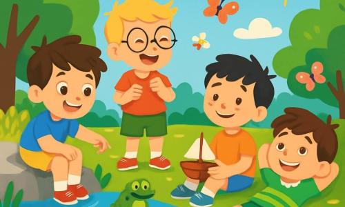 Quatre enfants sont présents au bord d'un lac. Lucas, 6 ans, a des cheveux bruns et porte un t-shirt bleu et un short jaune. Il pointe une grenouille verte. Tom, également 6 ans, a des cheveux blonds et des lunettes rondes, vêtu d'un t-shirt rouge et d'un short vert, rit à côté de Lucas. Max, avec des cheveux noirs et des taches de rousseur, porte un t-shirt orange et un short bleu, assis sur l'herbe avec un petit bateau en bois. Hugo, avec des cheveux châtains et un grand sourire, est allongé sur le dos en t-shirt vert et short à rayures, regardant le ciel. Le cadre est un lac scintillant, entouré d'arbres verts, sous un ciel bleu parsemé de nuages. Les enfants s'amusent, découvrant la nature, entourés de fleurs colorées et de papillons.