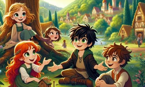 Dans un village magique nommé Lumina, quatre enfants se tiennent sous un grand chêne. Clara, une fille de onze ans aux cheveux roux, sourit en tenant une charrette en bois qu'elle a construite avec ses amis. À côté, Julien, un garçon aux cheveux noirs, admire la charrette. Alex, avec des cheveux châtains et des lunettes, explique une idée avec enthousiasme. Léa, aux cheveux bruns, est assise sur une branche, prête à dessiner. La scène se déroule dans une clairière lumineuse, entourée de fleurs colorées et de lucioles, symbolisant leur amitié et leur créativité dans une atmosphère joyeuse et harmonieuse.