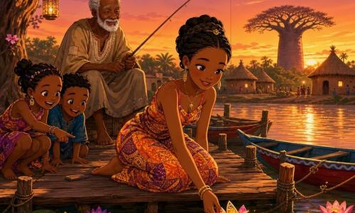 Awa, sourire doux, yeux noisette et peau caramel, cheveux noirs en couronne de tresses, se tient pieds nus sur un quai en bois et pose délicatement sur l'eau une fleur en forme de petite pirogue en regardant l'eau émerveillée; un vieil homme pêcheur aux cheveux blancs et visage ridé, assis sur une caisse à gauche, tient une canne à pêche et hoche la tête, deux enfants bruns (8 et 6 ans) accroupis près des racines rient et pointent la fleur. Le quai de fleuve africain au coucher de soleil offre un ciel orange et violet, eau miroitante, nénuphars, pirogues peintes attachées au quai, cases en banco et un baobab au loin; tout le village regarde, ambiance douce et magique centrée sur Awa et la fleur-glissant-sur-l'eau.