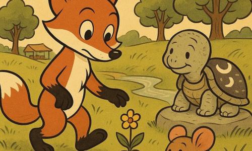 Un jeune renard roux aux grandes oreilles et aux yeux noisette, expression douce et concentrée, marche lentement la patte levée en regardant une petite fleur entre des pierres, son pelage lustré et sa queue touffue ondulant; derrière lui, la Vieille Tortue Lune, carapace rugueuse à motifs lunaires blancs et gris, assise sur une pierre, la tête sortie avec un sourire tranquille, l’encourage; Pio le mulot, petit et rond, moustaches tremblantes, panier de mûres renversé, accroupi près du renard et ramassant des baies écrasées, a l’air surpris mais reconnaissant; le tout se déroule dans la Vallée des Échos, prairie aux herbes ondulantes, ruisseau argenté, trois chênes au loin et un marché artisanal discret en arrière-plan, couleurs chaudes, textures peintes, ambiance paisible et chaleureuse, composition simple avec contrastes doux et lignes courbes.