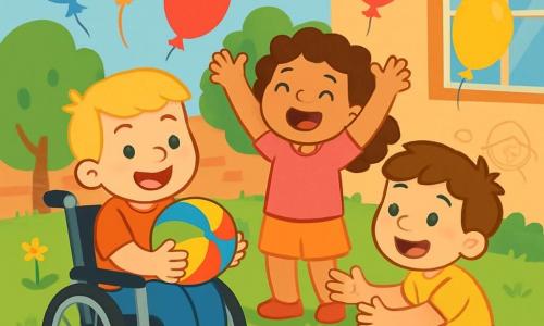 Il y a trois personnages : Lucas, un garçon de 7 ans aux cheveux blonds, souriant dans son fauteuil roulant avec un ballon coloré ; Emma, une fille de 6 ans avec des boucles brunes, riant à côté de lui ; et Max, un garçon de 7 ans aux cheveux châtains, accroupi devant Lucas, prêt à attraper un ballon. La scène se déroule dans un jardin d'école ensoleillé, rempli de fleurs et d'arbres, avec un sol en herbe et un mur de l'école décoré de dessins d'enfants. Les enfants jouent à un jeu de ballons, créant une atmosphère joyeuse et amicale.