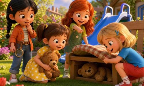 Quatre filles de 5 ans dans un jardin en fin d'après-midi : Lili, cheveux bruns en couettes, robe jaune à pois, tient un nounours marron et regarde un autre nounours caché sous un banc ; Zoé, cheveux blonds courts, t‑shirt bleu et short rouge, accroupie à côté du banc en train de soulever un coussin ; Emma, cheveux longs roux, salopette verte, pointe le banc avec enthousiasme derrière Lili ; Mia, cheveux noirs en tresses, petite veste orange, debout à gauche du banc comme une détective, une loupe à la ceinture. Le jardin est herbeux avec des fleurs colorées, un banc en bois clair avec coussin à carreaux et un toboggan bleu en arrière-plan, lumière chaude, style aux couleurs saturées, textures douces et silhouettes enfantines ; les quatre découvrent le nounours caché sous le banc avec joie et bienveillance.