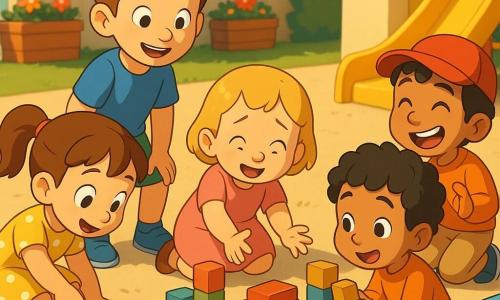Cinq enfants dans une cour de crèche lumineuse au sol sablé : Zoé, 4 ans, cheveux bruns en couettes, robe jaune à pois, accroupie à gauche et pointant de petites traces dans le sable ; Léo, 4 ans, cheveux châtains courts, tee-shirt bleu et short vert, debout derrière Zoé, souriant et prêt à aider ; Mila, 3 ans, cheveux blonds courts, robe rose, agenouillée au centre près d’une petite voiture rouge, mains tendues, soulagée ; Sami, 4 ans, peau mate, casquette rouge et pantalon beige, à droite, riant avec enthousiasme ; Hugo, 3 ans, cheveux noirs bouclés, pull orange, timide, un peu en retrait à genoux derrière une petite table, tenant un cube en bois. On voit des cubes colorés empilés, une petite table plastique bleue, un bac à sable, un toboggan jaune et des jardinières fleuries ; lumière douce du matin, couleurs vives. Les enfants ont retrouvé une petite voiture rouge entourée d’un garage improvisé en cubes ; ils forment un demi-cercle chaleureux autour d’elle, l’atmosphère est d’entraide et de joie.