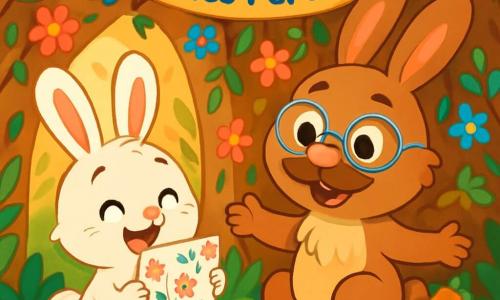 Petit Lapin, un petit lapin aux grandes oreilles et à la fourrure douce et blanche, est assis sur un tapis de feuilles vertes, souriant joyeusement. Il tient un poème sur un joli papier décoré de fleurs colorées. À côté de lui, Papa Lapin, un grand lapin brun avec une moustache amusante et des lunettes rondes, regarde le poème avec fierté et émotion, assis sur une petite pierre, les bras ouverts pour étreindre son fils. La scène se déroule dans un terrier douillet, avec des murs de feuilles et de fleurs, et une lumière douce filtrant à travers l'entrée. Petit Lapin offre son poème à son papa, entouré de décorations pour la fête des pères, avec un gâteau aux carottes sur une petite table en bois à côté d'eux.