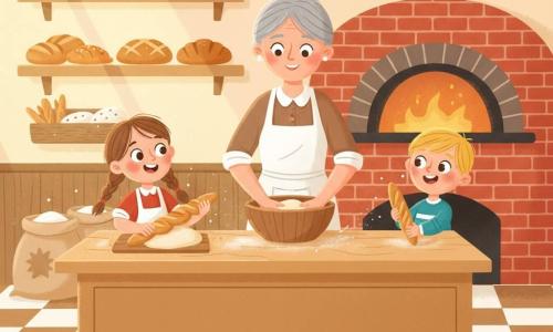 Madame Margot, boulangère souriante aux cheveux gris en chignon et tablier poudré de farine, montre comment pétrir la pâte dans un grand bol en bois pendant que Clara, 8 ans, deux nattes, façonne une longue baguette à gauche et Lucas, 5 ans, cheveux blonds, tient une petite baguette à droite; la boulangerie chaleureuse, avec comptoir en bois clair, sacs de farine, étagères de croissants et pains, un grand four en brique rouge éclairé d'une lueur orange et un sol en damier, baigne dans un rayon de lumière matinale tandis que la farine vole en poussières blanches, les rires fusent et l'ambiance cosy, gourmande et aux couleurs vives évoque des formes simples adaptées aux tout-petits.