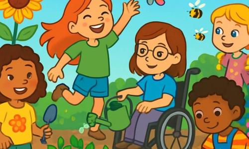 Il y a 5 enfants dans un jardin ensoleillé : Lila, 8 ans, avec des cheveux bouclés, porte un T-shirt jaune et tient une petite pelle. Clara, 9 ans, pleine d’énergie, danse en short en jean et T-shirt vert. Emma, 8 ans, assise dans un fauteuil roulant, arrose les plantes avec un arrosoir. Sofia, 8 ans, avec des cheveux frisés, dessine des étiquettes pour les plantes. Nora, 8 ans, observe les abeilles, habillée d’un T-shirt rose. Le jardin est rempli de fleurs colorées, de légumes, de tournesols, et des papillons volent autour. Les enfants travaillent ensemble, riant et s’entraidant, créant une atmosphère de camaraderie et de joie en célébrant leur amour pour la nature.