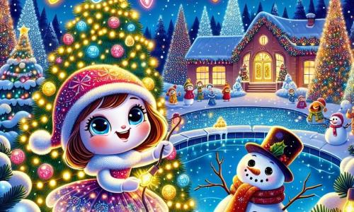 Lumi, une guirlande lumineuse, brille de mille couleurs sur un sapin de Noël, entourée de flocons de neige. Ses yeux pétillent d'excitation alors qu'elle prépare une surprise pour son ami. À ses côtés, Bouli, un bonhomme de neige souriant, admire le jardin illuminé, entouré de neige scintillante. Le jardin de l'école est féerique, recouvert d'une épaisse couche de neige, avec des sapins décorés. Lumi et ses amis décorations illuminent le jardin pour surprendre Bouli, créant un spectacle de lumière joyeux et magique.