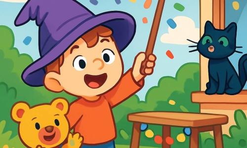 Un jeune garçon, Nino, apprenti sorcier de trois ans, sourit avec des yeux pétillants d'excitation tout en tenant une baguette magique en bois, entouré de confettis colorés. À ses côtés, son doudou Pompon, un ours en peluche aux couleurs vives, applaudit joyeusement. Plus loin, le chat Magi-Minou, un chat noir aux yeux verts, observe les confettis avec curiosité. La scène se déroule dans un jardin ensoleillé, rempli de fleurs, de verdure et d'une table en bois décorée de guirlandes de confettis. Le ciel est bleu avec des nuages blancs, et une pluie de confettis tombe doucement. Nino crée une pluie de confettis joyeuse, tandis que les voisins rient et s'amusent, transformant la scène en une fête magique.