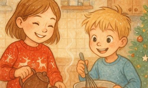 Lou, une fille de 8 ans aux cheveux châtain clair, porte un pull rouge avec des motifs de rennes et arbore un sourire radieux. Elle verse du chocolat chaud dans une tasse, concentrée et joyeuse. Jules, son petit frère de 6 ans, a des cheveux blonds en bataille et des yeux pétillants. Il tient un fouet et mélange le chocolat chaud avec enthousiasme à côté de Lou. La cuisine est chaleureuse et accueillante, décorée pour Noël avec des guirlandes lumineuses. Lou et Jules préparent ensemble un chocolat chaud, créant une ambiance de complicité et de joie festive.