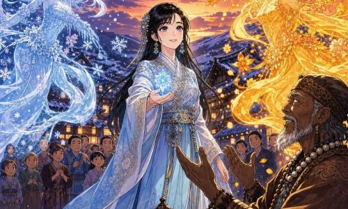 Haejin, jeune femme d'environ 20 ans au visage doux et regard déterminé, cheveux noirs aux reflets bleutés, en robe brodée bleu pâle et or, tend une petite fleur de glace scintillante au centre d'une cérémonie de mariage des saisons sur la place pavée du village de Gyeoul au crépuscule, l'Esprit de l'Hiver translucide argenté et l'Esprit de l'Été doré flottant et dansant de part et d'autre, tandis qu'un chaman d'environ 60 ans, ridé et barbu, officie devant une foule émerveillée; ambiance magique et harmonieuse, contrastes de bleus glacés et ors chauds, style mangas clair, couleurs vives, textures détaillées et éclairage dramatique.