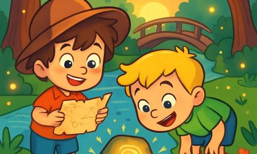 Léo et Tim, deux garçons de 5 ans, explorent une rivière scintillante. Léo, avec ses cheveux bruns en bataille et un grand chapeau, tient une carte froissée, tandis que Tim, en bottes rouges, observe une pierre brillante. La rivière est entourée d'arbres et d'un petit pont en bois, avec des fleurs colorées et des lucioles illuminant le paysage. Ils découvrent une pierre gravée sous la mousse, émerveillés par sa lumière, tandis que des oiseaux chantent et que le soleil se couche, projetant des ombres douces.