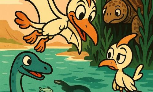 Nina, une jeune ptérodactyle crème aux crêtes orange, plane au-dessus de l'eau, curieuse, ailes déployées face à une ombre qui devient Anna, une immense archélon brune émergeant d'algues; Jasmyn, sa petite sœur au plumage plus pâle, est perchée sur un rocher à droite, et Théo, un élasmosaure bleu-vert, apparaît à gauche avec un sourire timide; le tout sur une côte préhistorique lumineuse aux eaux bleu-vert, algues sombres et ciel saumon, poissons argentés s'enfuyant en bancs, atmosphère surprenante et chaleureuse, style aux traits nets, couleurs saturées, contours épais et formes souples rappelant le rubber hose.