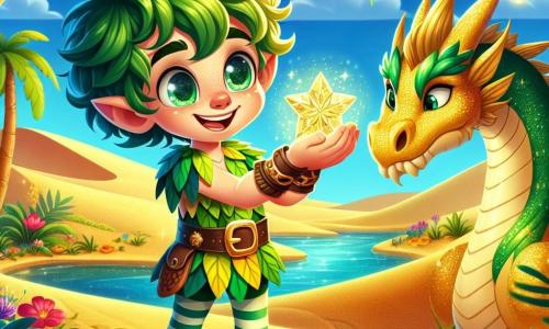 Au centre de l'image, Tomi, un petit lutin joyeux aux cheveux verts et aux yeux curieux, se tient sur une dune de sable doré. Il porte une tunique en feuilles colorées et tient un cristal d'étoile ancienne brillant. À ses côtés, Seraphius, un dragon de sable aux écailles dorées et aux yeux doux, se penche vers lui avec bienveillance. Le décor est une oasis magique avec des palmiers, des fleurs lumineuses et une eau cristalline, tandis que des lucioles dansent dans l'air chaud. Tomi présente fièrement le cristal à Seraphius, créant une atmosphère magique.
