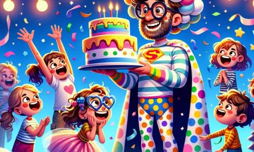 Un homme adulte, Super-Bidou, sourit au centre de la scène dans un costume à pois multicolores, une cape et des lunettes rondes. Ses cheveux en désordre sont ornés de plumes de marshmallow. À sa droite, une fillette de 8 ans, avec des cheveux bouclés et des lunettes en cœur, lève les bras en riant, entourée de plumes colorées. À gauche, un garçon de 9 ans, avec des cheveux bruns, tient un micro en plastique, prêt à chanter. La scène est un studio de télévision coloré avec des lumières, des décorations nuageuses et un gâteau factice fissuré libérant des plumes. Super-Bidou fait éclater un gâteau surprise, créant une ambiance festive et joyeuse, tandis que le public applaudit.