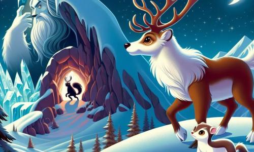 Un jeune renne nommé Alarik, au pelage brun et aux bois scintillants sous la lune, se tient au sommet d'une montagne enneigée, le regard déterminé. À ses côtés, sa fidèle amie Snø, une petite hermine au pelage blanc, bondit joyeusement. Le décor est une cime montagneuse où la neige brille sous un ciel étoilé, avec une grotte de glace illuminée par un cristal. Alarik est prêt à toucher le Cristal du Nord, symbole de sagesse, tandis qu'un grand ours majestueux l'observe avec respect.