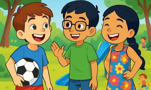Il y a trois personnages : Hugo, un garçon de 10 ans avec des cheveux châtains, des yeux pétillants, un t-shirt bleu et un short rouge, qui rit en tenant un ballon de foot ; Sami, un garçon de 10 ans avec des cheveux noirs et des lunettes, portant un t-shirt vert et un jean, qui sourit amicalement à Aylin ; et Aylin, une fille de 10 ans avec une longue natte noire, vêtue d'une robe à fleurs et de sandales, qui rit avec les garçons. Ils se trouvent dans un parc ensoleillé, avec un grand toboggan bleu et des enfants qui jouent, créant une ambiance joyeuse. Les trois amis rient ensemble, Aylin tenant un yufka, tandis que Hugo et Sami l'encouragent à grimper sur le toboggan, entourés d'autres enfants curieux, illustrant la joie de l'amitié.