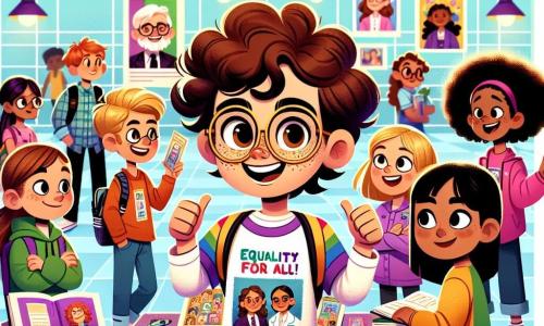 Léa, 11 ans, se tient au centre de l'image avec des cheveux bruns bouclés et des lunettes rondes, portant un T-shirt « L’égalité, c’est pour tous ! » et souriant. À ses côtés, Émilie, également 11 ans, l'encourage avec un pouce levé, vêtue d'un sweat à capuche violet. Sam, un garçon de 11 ans aux cheveux blonds, feuillette un livre sur les droits des femmes. L'environnement est un hall d'école lumineux, décoré d'affiches sur l'égalité des genres, où des élèves curieux se déplacent. Léa et ses amis expliquent passionnément l'importance de l'égalité des genres à un groupe d'élèves captivés, créant une ambiance joyeuse et dynamique.