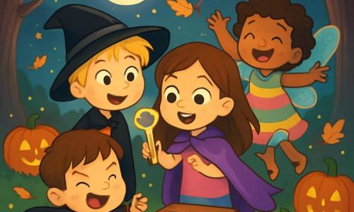 Quatre enfants se trouvent dans un parc mystérieux éclairé par la lune. Léa, 6 ans, a de longs cheveux bruns, des yeux pétillants et porte une cape violette, tenant une clé brillante. Max, également 6 ans, a des cheveux blonds en bataille, un grand sourire, un chapeau pointu noir et un costume de sorcier, et regarde la clé avec curiosité. Sofia, 6 ans, avec des cheveux bouclés et des ailes pailletées, porte une robe colorée et lève les bras comme si elle voulait voler. Hugo, 6 ans, a des cheveux châtains, un petit nez retroussé, une cape noire et fait une grimace amusante en dansant. Ils découvrent la clé magique au milieu de citrouilles souriantes, de feuilles dorées et orange, et de lucioles scintillantes, émerveillés et riant ensemble, prêts à explorer le mystère de la nuit d'Halloween.