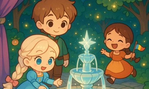 Jeune princesse souriante aux longs cheveux blonds platine tressés avec rubans rose pastel, robe bouffante bleu ciel brodée d’or, touche une fontaine de cristal brillante; un prince adolescent châtain clair en veste courte verte la soutient en souriant; une fillette villageoise rieuse en robe orange court autour de la fontaine avec un petit drapeau; tout se passe dans un jardin secret nocturne aux arbres fruitiers dorés, allées pavées et lucioles dorées; ambiance douce, lumineuse et joyeuse, style chibi aux couleurs pastel et éclairage de lune.