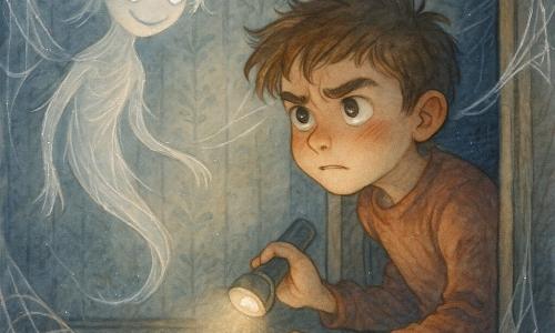 Alexis, garçon de 10 ans aux yeux curieux et aux cheveux bruns en bataille, accroupi devant une vieille armoire entrouverte, tient une petite lampe qui éclaire son visage d’un halo chaud tandis qu’il tend la main vers une poignée minuscule, visage tremblant mais déterminé ; une créature translucide composée de fils soyeux argentés, aux “yeux” perles lumineuses et au sourire doux et mystérieux, flotte à quelques pas, attirée par la lampe ; plusieurs toiles d’araignée épaisses et brillantes pendent du plafond et s’enroulent autour de l’armoire dont le double-fond révèle des toiles lumineuses scintillantes ; la chambre est petite et poussiéreuse, murs aux papiers fanés, sol en planches sombres ; la scène montre Alexis découvrant la pièce secrète, la lampe projetant des ombres longues et les fils argentés flottant comme des rubans dans une atmosphère à la fois inquiétante et magique, palette aquarelle pastel (bleu nuit, gris perle, beige) avec contrastes chauds autour de la lampe et touches blanches pour les reflets, composition serrée à hauteur d’enfant, focalisée sur les mains d’Alexis, la poignée et le visage de la créature.