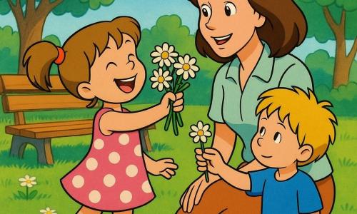 Zoé, 6 ans, rayonnante en robe rose à pois et couettes, tend un petit bouquet de pâquerettes à sa maman d'une trentaine d'années qui, agenouillée et émue, reçoit les fleurs ; Timothée, 6 ans, timide mais souriant en T‑shirt bleu, offre une pâquerette à côté d'eux dans un parc ensoleillé au matin, ambiance chaleureuse et couleurs vives.