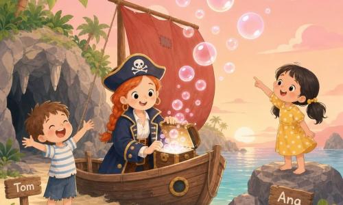 Une femme pirate souriante aux cheveux roux en tresse et grand manteau bleu ouvre doucement une petite boîte en bois brillante sur le pont; des bulles lumineuses roses et blanches, translucides, s'élèvent vers un ciel rose de coucher de soleil, créant une ambiance douce et joyeuse. À gauche, Tom, environ 8 ans, pieds nus sur le sable, rit en voyant les bulles; à droite, sur un rocher, Ana, environ 9 ans, cheveux noirs en couettes et robe jaune à pois blancs, pointe l'horizon. Le décor est une petite baie à plage de sable blond, palmiers aux larges feuilles, une grotte à l'entrée avec stalactites lisses et en arrière-plan un bateau en bois à voile rouge.