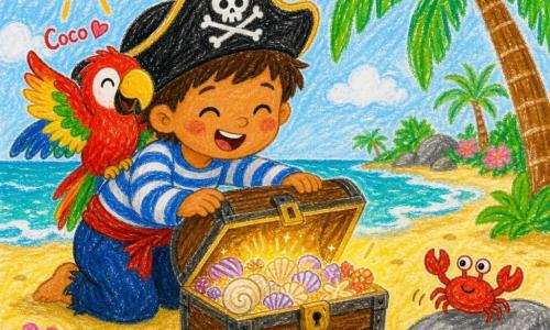Un garçon-pirate souriant aux yeux rieurs et joues roses, grand chapeau noir et chemise rayée bleue, agenouillé sur le sable en train d'ouvrir un coffre en bois; un perroquet coloré (plumes rouges, vertes et jaunes) perché sur son épaule droite, ailes mi-ouvertes, regardant le coffre; quelques petits crabes rouges près d'une roche tapotant le sable; plage de sable jaune doux, eau turquoise, palmiers verts avec noix de coco, petites fleurs roses et coquillages blancs dispersés; scène principale : le pirate et le perroquet découvrent un coffre ouvert rempli de coquillages brillants qui tintent, lumière chaude et douce, ambiance joyeuse et sécurisante, traits simples et couleurs vives, style enfantin au crayon.