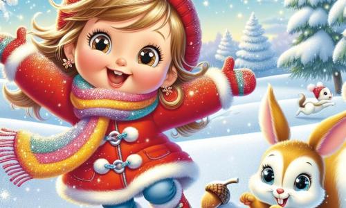 Lila, une petite fille de 4 ans aux grands yeux brillants et joues roses, porte un manteau rouge, une écharpe moelleuse et des gants colorés. Elle saute de joie dans la neige, souriante, les bras levés. À côté, un écureuil brun grignote une noisette, amusé par Lila, tandis qu'un petit lapin blanc nommé Loulou s'apprête à bondir dans la neige. Le décor est un jardin d'hiver enchanteur avec des arbres couverts de neige scintillante et un sol blanc. Au loin, une colline douce invite à la glisse sous un ciel bleu clair. La scène montre Lila, l'écureuil et Loulou jouant ensemble dans la neige, riant et s'amusant, tandis que des flocons tombent doucement, créant une atmosphère magique.