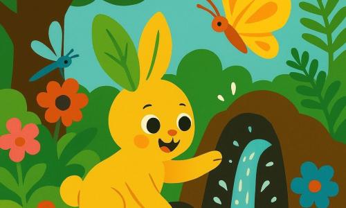 Noisette, un petit lapin au pelage doré et aux grandes oreilles vert tendre, pose sa patte sur un rocher qui s’entrouvre tandis qu’un papillon jaune aux ailes translucides le guide et qu’une libellule bleue observe; derrière le rocher jaillit une source d’eau claire scintillante en clapotis joyeux au cœur du Bois Arc-en-ciel, tapis de mousse et fleurs rouges, roses et bleues, grand chêne et fougères formant un tunnel, le tout baigné d’une lumière douce et joyeuse lors de la découverte magique.