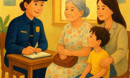 Une policière d'une trentaine d'années, peau claire, cheveux châtains en chignon, en uniforme bleu marine, souriante et bienveillante, est assise derrière un petit bureau en prenant des notes; en face, Madame Lucie, environ 75 ans, cheveux gris en chignon, robe à fleurs pastel, visage soulagé, tient son sac; à côté d'elle, la mère de Timéo (environ 35 ans, cheveux bruns longs, manteau clair) pose la main sur l'épaule de Timéo, garçon de 7 ans aux cheveux bruns en bataille, tee-shirt jaune et jean, qui la regarde avec admiration; la salle d'attente est lumineuse avec parquet clair, grandes fenêtres laissant entrer un soleil doré, une plante dans un coin, chaises en bois et affiches colorées; ambiance calme, chaleureuse et rassurante, couleurs chaudes et textures rappelant la gouache.