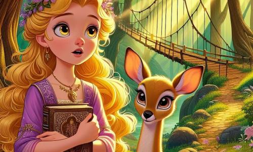 La princesse Alia, une jeune fille d'environ 12 ans, se tient au centre de l'image avec des cheveux dorés et une robe lavande ornée de fleurs. Son visage exprime détermination et émerveillement alors qu'elle tient un ancien livre en cuir, les yeux pétillants d'excitation. À ses côtés, Lumo, un faon aux yeux scintillants, l'observe avec encouragement, prêt à l'accompagner dans son aventure. La scène se déroule dans la Forêt des Murmures, sous un dôme naturel formé par de grands arbres aux feuilles vertes et dorées. Des rayons de lumière illuminent un chemin sinueux recouvert de fleurs sauvages et de mousse. Alia, curieuse et brave, s'apprête à franchir un pont suspendu au-dessus d'un ravin, symbolisant son passage vers l'inconnu. L'atmosphère est magique, remplie de mystère et d'aventure, invitant à plonger dans ce conte enchanteur.
