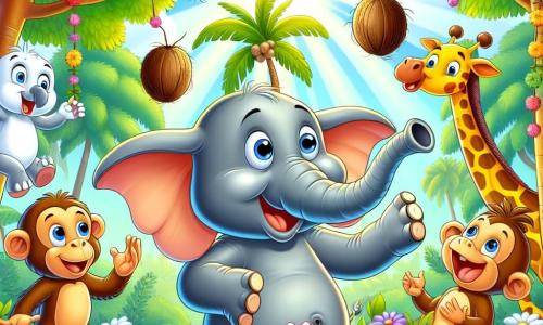 Un éléphant joyeux nommé Édouard se tient au centre d'une jungle colorée, jonglant avec des noix de coco. À sa droite, Gigi, une girafe, accroche des guirlandes de fleurs, tandis qu'à sa gauche, Bobo, un singe espiègle, grimpe à un arbre en lançant une noix de coco. La scène représente une fête joyeuse où tous les animaux s'amusent ensemble, créant une atmosphère de rires et de camaraderie.