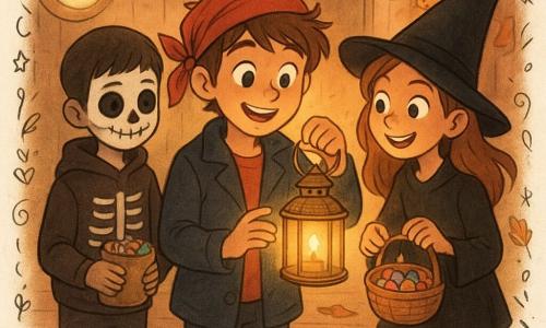 Trois enfants d'environ 12 ans dans le hall d'une vieille maison : Franc, souriant et émerveillé, cheveux châtains en bataille, bandeau de pirate rouge de travers et veste marine, tient une lanterne métallique dorée qui éclaire son visage ; à sa droite Lila, énergique et malicieuse, chapeau de sorcière noir moderne et baskets lumineuses, tient un petit panier de bonbons et regarde la lanterne avec impatience ; légèrement en retrait à gauche Noé, timide mais content, maquillage de squelette discret, tient un sachet de bonbons. La lanterne diffuse une lumière chaude et dorée créant une atmosphère douce et magique de partage, le hall aux lampes rondes jaunes, sol en bois poli et murs aux tons chauds, feuilles mortes et guirlandes de citrouilles visibles à travers la porte entrouverte, couleurs automnales riches (orange, ocre, bordeaux), textures de bois et métal, petites illustrations doodle superposées (étoiles, citrouilles, bonbons).