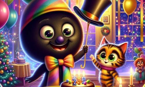 M. Chapeau, un chapeau en feutre noir, sourit joyeusement au centre de la scène, entouré de ballons colorés. À ses côtés, M. Écharpe est enroulé autour d'un petit chat curieux aux yeux brillants. La scène se déroule dans une salle chaleureuse décorée de guirlandes scintillantes et de ballons, avec une grande table de gâteaux au chocolat et de fruits. M. Chapeau et M. Écharpe préparent une fête surprise pour le Nouvel An, tandis qu’Emma et sa famille entrent, surpris par cette célébration.