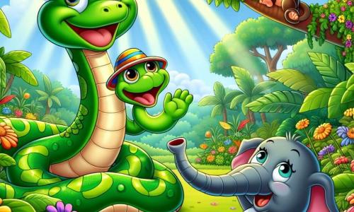 Un serpent vert vif, nommé Sam, est allongé sur le sol de la jungle avec un grand sourire. Ses écailles brillent au soleil et il porte un chapeau coloré. À côté de lui, une grenouille verte, Lili, saute avec enthousiasme, ses yeux pétillants de malice. Un singe espiègle, Marco, est perché sur une branche, tenant une banane et riant en regardant Sam. Plus loin, une éléphante grise, Zoé, arrose des fleurs avec sa trompe, souriant à la scène. La jungle est luxuriante, remplie de grandes feuilles et de fleurs éclatantes. Sam cherche son chapeau perdu, entouré de ses amis qui rient, créant une atmosphère joyeuse.