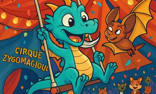 Lirio, un petit dragon aux écailles turquoise avec des moustaches argentées et des yeux pétillants, se balance sur un trapèze, prêt à exécuter un saut spectaculaire. À ses côtés, Zéphira, une chauve-souris aux ailes dorées, l'encourage avec admiration. Le chapiteau du Cirque Zygomagique est immense, coloré et rempli de lanternes scintillantes et de spectateurs animés, comme des grenouilles en smoking et des renards en tutu, tous captivés par le spectacle. Lirio s'apprête à réaliser son premier grand saut dans une atmosphère magique, tandis que des confettis multicolores flottent dans l'air.